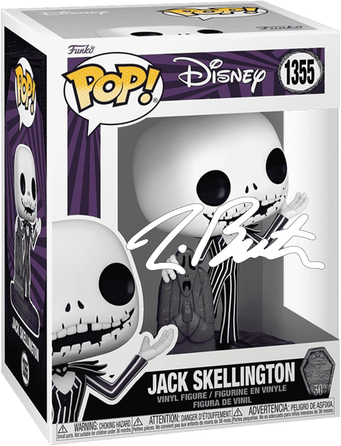 Tim Burton Jack Skellington #1355 in Graveyard Facsimile Signed Reprint Laser Autographed Funko POP! Movies NBC Nightmare Before Christmas Figurine with Protector Case