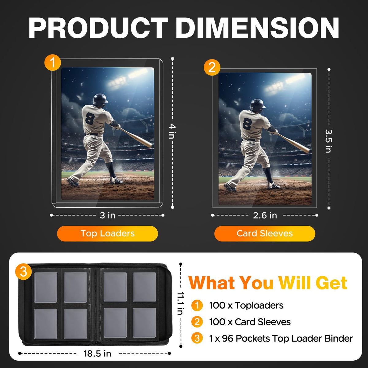 400 Card Sleeves Top Loaders for Cards Included 96 Pockets Top Loader Binder, 3" x 4" Baseball Card Protector Hard Plastic Card Holder for Sports Trading Cards (200 Toploaders + 200 Soft Sleeves)
