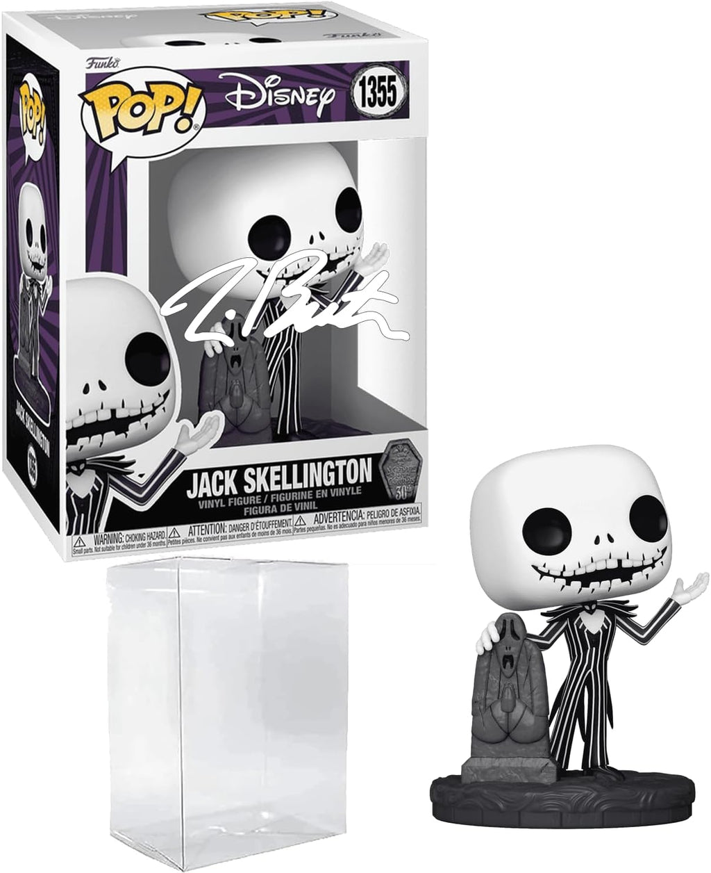 Tim Burton Jack Skellington #1355 in Graveyard Facsimile Signed Reprint Laser Autographed Funko POP! Movies NBC Nightmare Before Christmas Figurine with Protector Case
