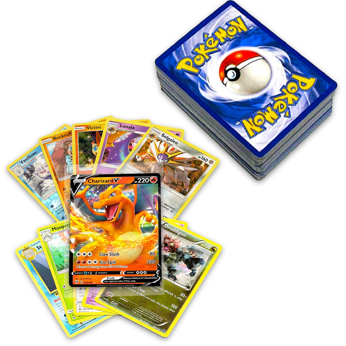 Pokémon Official 100 Pokemon Card Lot with Rare, Holofoil, Trainer and Energy Cards - Bundle with Random Colored Deck Box Included NFL (100 Assorted Cards)